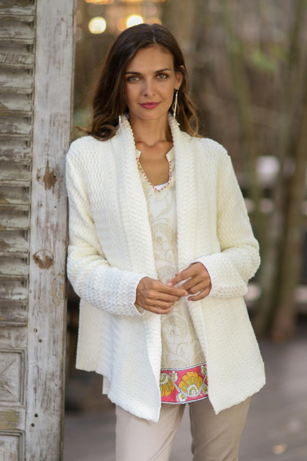 Knit Cotton Cardigan in White from Thailand 'Zigzag Knit in White'