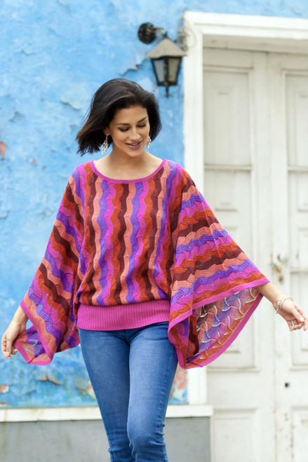 Fuchsia and Purple Wavy Vertical Stripe Alpaca Blend Sweater 'Samba Sizzle'