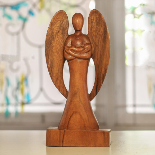 Hand Carved Wood Angel and Baby Sculpture 'Guardian Angel'