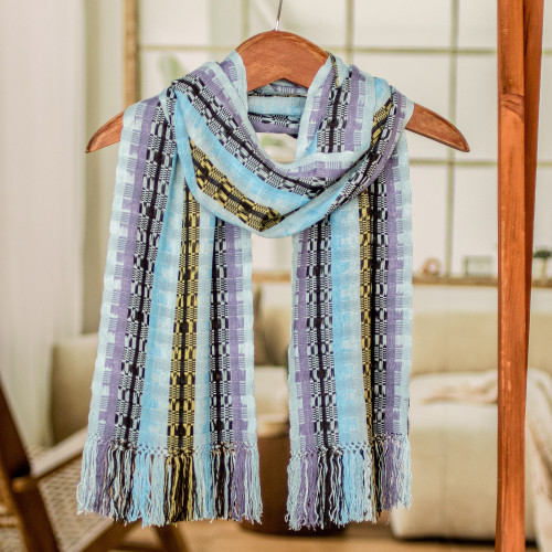 Hand Woven Rayon Scarf in Shades of Blue and Lilac 'Multicolor Blue Bamboo'