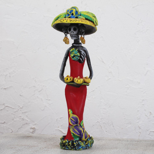 Day of the Dead Catrina Ceramic Figurine in Red Dress 'Catrina's Sweet Tooth'