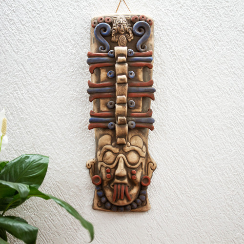 Maya-Themed Ceramic Wall Mask Crafted in Mexico 'Maya Totem'