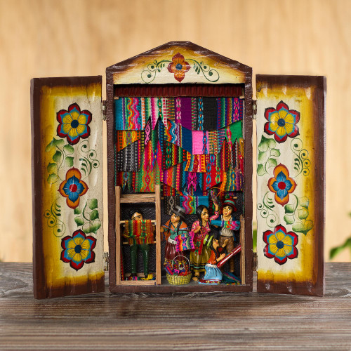 Handcrafted Andean Textile Market Retablo Diorama 'Busy Textile Market'