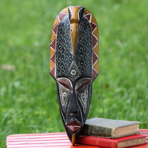 African Mask Hand Carved Wood Aluminum Brass 'Gaisuwa'