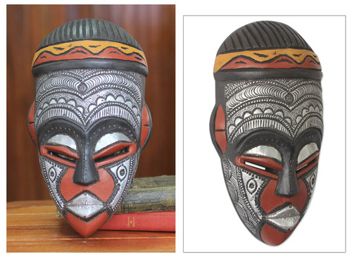 Hand Carved African Wood Mask with Embossed Aluminum 'Daimuwa III'