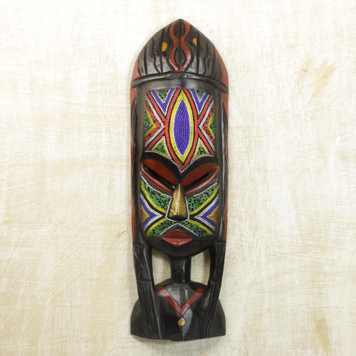 African Beaded Mask Sculpture Crafted by Hand 'Na Gode'