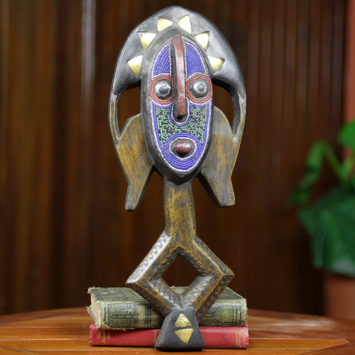 Beaded African Wood Mask with Aluminum and Brass 'Bakota Reliquary Guardian'