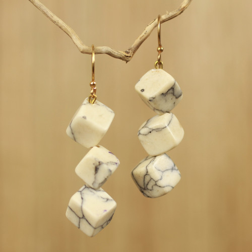 Artisan Crafted Earrings with White Agate Cubes 'Aseda'