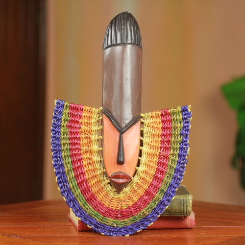 Colorful West African Wood And Raffia Decorative Mask 'Rainbow Fan'