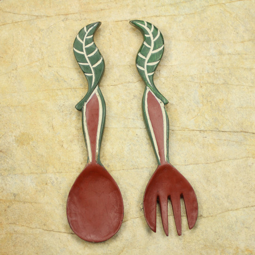 Hand Crafted African Wood Wall Art of Spoon and Fork Pair 'Nourishment'