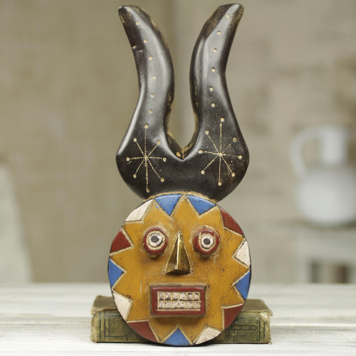 Authentic Ghana Handcrafted Horned African Mask 'Luck Personified'