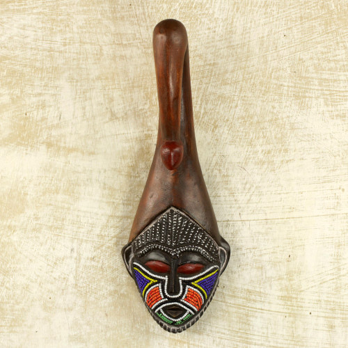 Brown Wood Aluminum Recycled Glass Bead African Mask Ghana 'Scorpion Face'