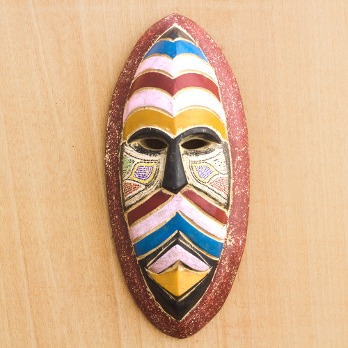 Wood and Recycled Glass Beaded Wall Mask Carved in Ghana 'Accra Adventure'