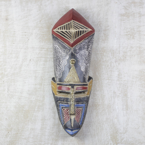Wood Aluminum and Brass Plate Wall Mask Carved in Ghana 'Isisa'