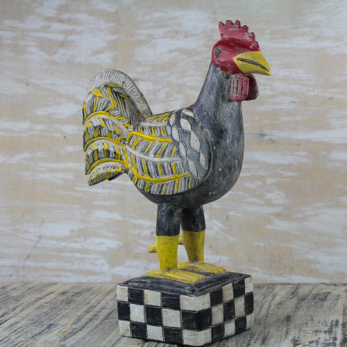 Multi-Color Wood Decorative Box with Rooster Sculpture Lid 'Watchful Rooster'