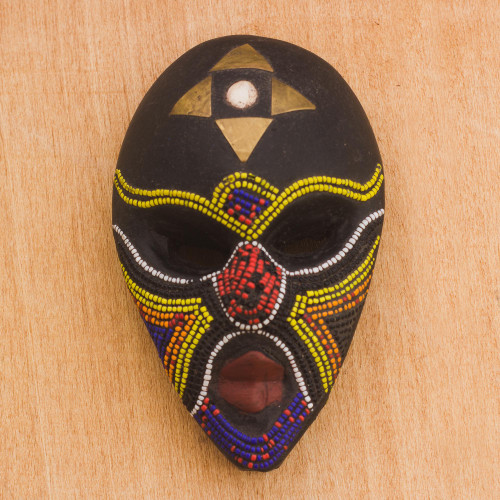 Multi-Color Bead Mosaic on Black Wood African Wall Mask 'Emyinnaya'