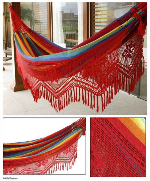 Fine Cotton Hammock Rainbow Red Crocheted Double 'Icarai Rainbow'