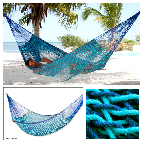 Fair Trade Blue Cotton Striped Rope Hammock Double 'Riviera Sapphire'