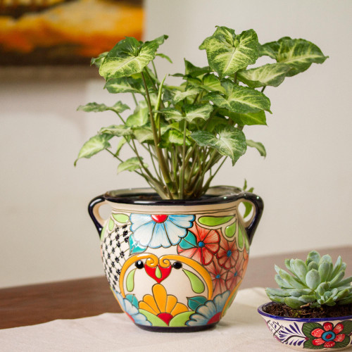 Floral Talavera-Style Ceramic Flower Pot from Mexico 'Talavera Majesty'