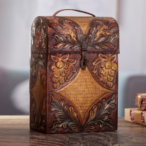 Handcrafted Tooled Leather Wine Case 'Colonial Vineyard'