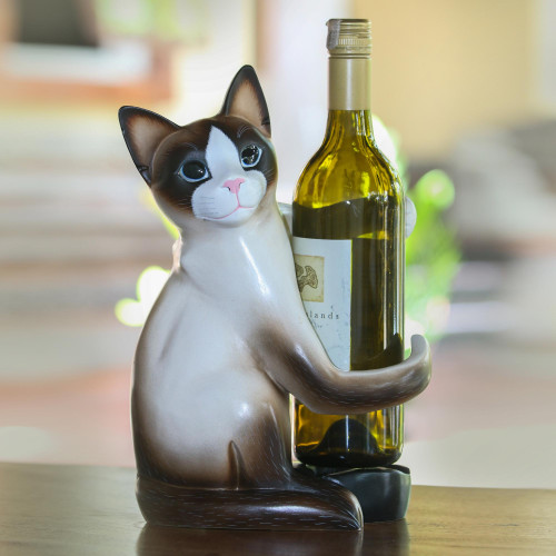 Artisan Handcrafted Wood Cat Wine Holder from Bali 'Cat Hug'