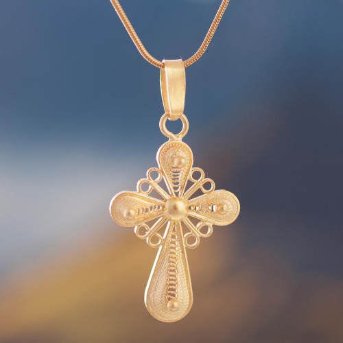 Gold Plated Silver Filigree Cross Pendant Necklace 'Cross of Faith'