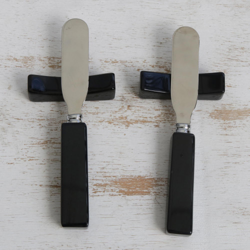 Agate spreader knives and rests Pair 'Black Night Deli'