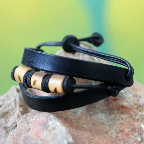 Men's Leather and Bamboo Wristband Bracelet 'Double Up in Black'