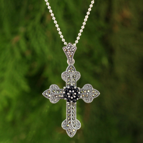 Handcrafted Silver Cross Necklace with Onyx and Marcasite 'Cathedral Cross'