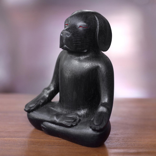 Carved Wood Black Beagle in Yoga Lotus Pose Sculpture 'Black Yoga Beagle'