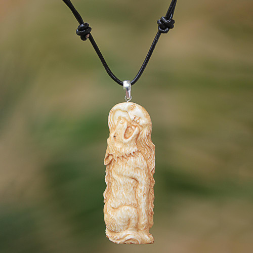 Wolf-Themed Bone Pendant Necklace from Bali 'Wolf Howl'