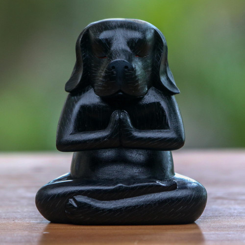 Wood Yoga Beagle Statuette in Black from Bali 'Black Yoga Beagle'