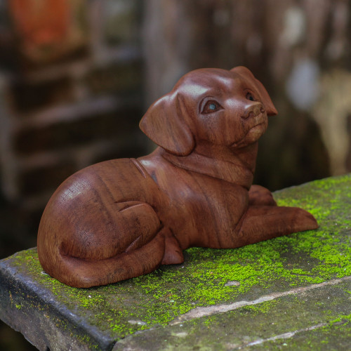 Hand-Carved Wood Dog Sculpture from Bali 'Best Boy'