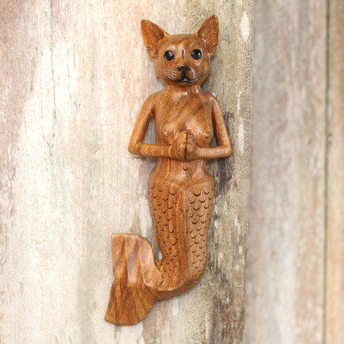 Suar Wood Mermaid Dog Wall Sculpture from Bali 'Mermaid Dog'