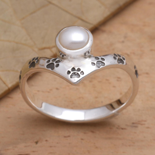 Sterling Silver Freshwater Pearl Pawprint Ring 'Pawprints on My Heart'