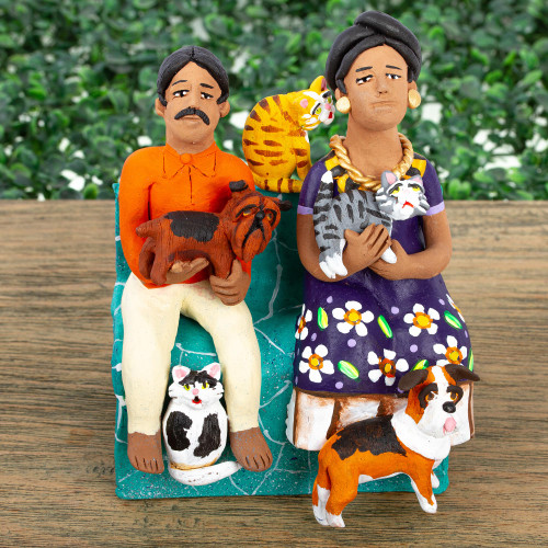 Artisan Crafted Ceramic Sculpture of Pet Lover Couple 'Pet Lovers'