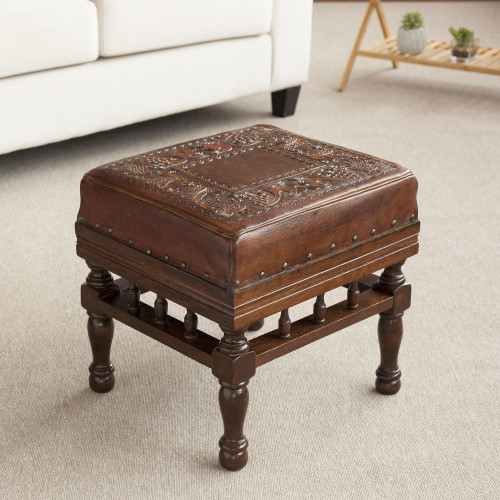 Artisan Crafted Wood and Leather Square Stool from Peru 'Birds Among the Vines'