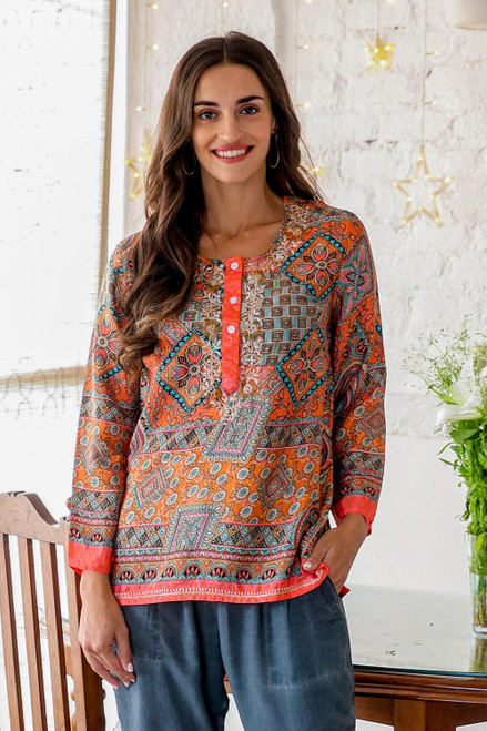 Embroidered Floral Cotton Tunic from India - Floral Sonata