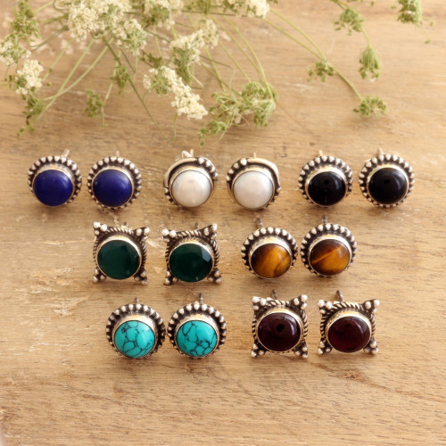 Handmade Multi-Gemstone Stud Earrings Set of 7 'Everyday Pairs'