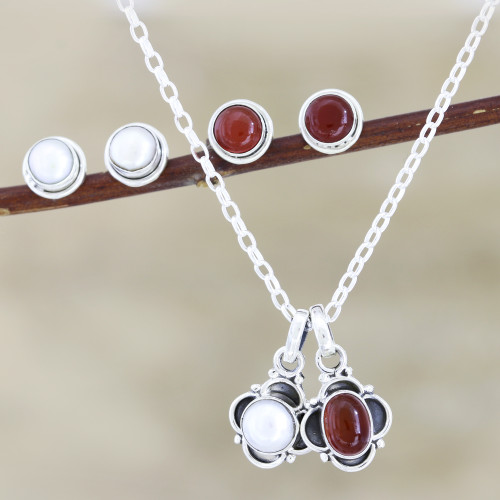Hand Crafted Carnelian and Cultured Pearl Jewelry Set 'Fire and Ice'