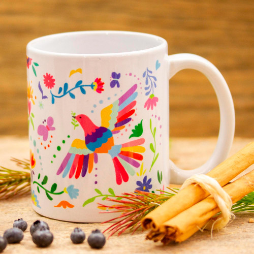 Artisan Crafted Otomi Birds and Flowers Motif Ceramic Mug 'Otomi Morning'