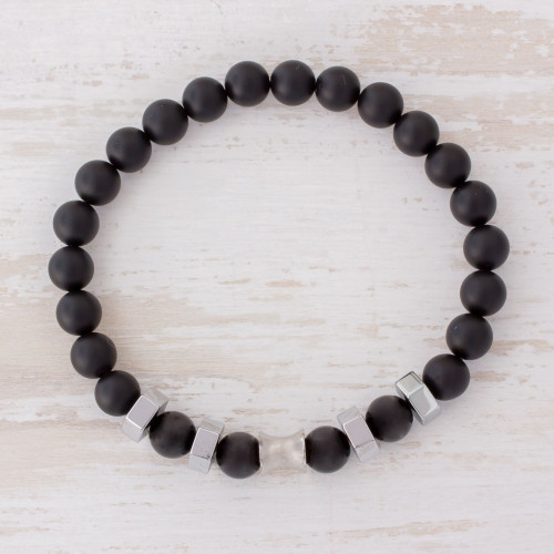 Men's Black Agate and Stainless Steel Stretch Bracelet 'Moonlit Sky'