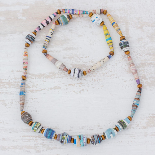 Handcrafted Multicolor Recycled Paper Bead Long Necklace 'New Spin'