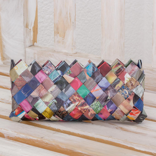 Handcrafted Multicolor Recycled Magazine Paper 4 Inch Clutch 'Fashion Fiesta'