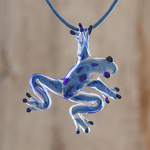 Blue with Black Spots Handblown Glass Frog Pendant Necklace 'Speckled Frog'