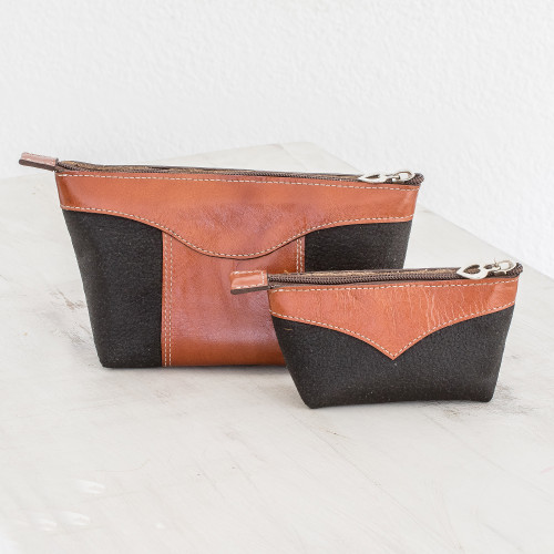 Leather Cosmetic Bags in Black and Russet Pair 'Complementary in Russet'