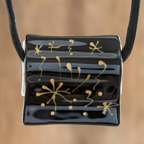 Black Recycled Glass Pendant Necklace from Costa Rica 'Starry Dreams in Black'