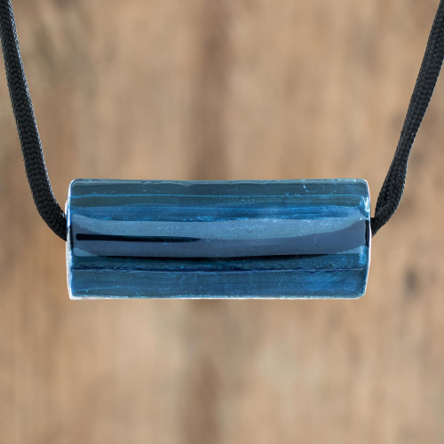 Dark Blue Recycled Glass Pendant Necklace from Costa Rica 'Crystalline Deep Blue'