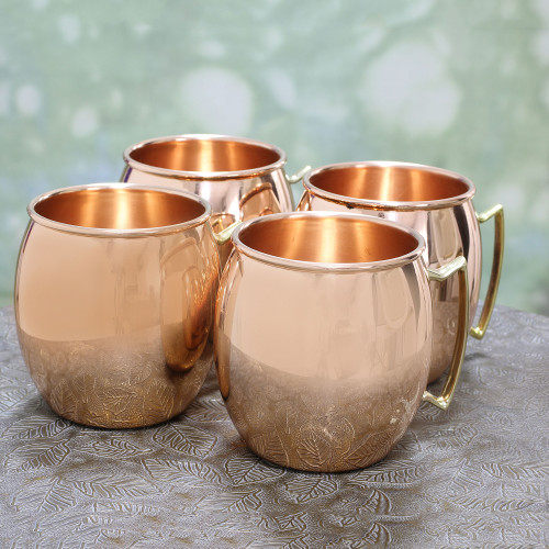 Four Hand Crafted Copper and Brass Handled Mugs from India 'Classic Tavern'