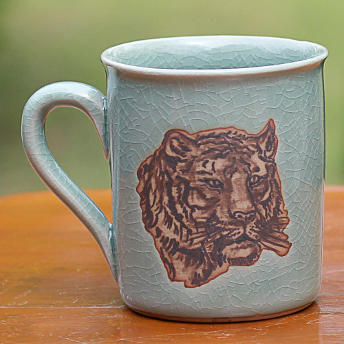 Hand Painted Celadon Ceramic Tiger Mug from Thailand 'Tiger's Taste'